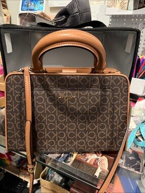 Calvin Klein Brown Monogram Satchel with Tan Trim